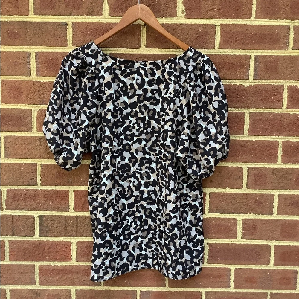 EUC LOFT Animal Print Blouse Puff Short Sleeve Brown Black M